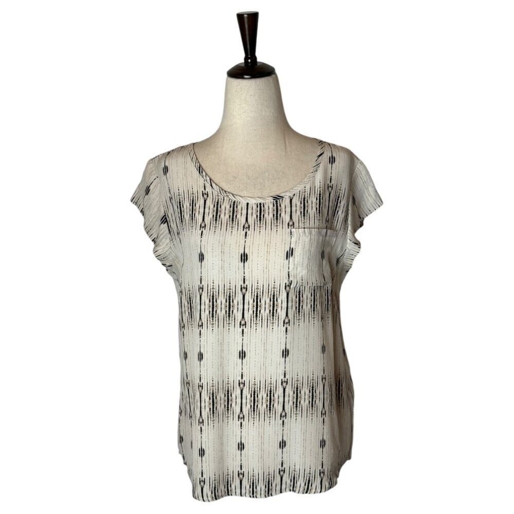Cynthia Rowley Shirt Women Small Ivory Silk Short Sleeve‎ Ikat Print Blouse